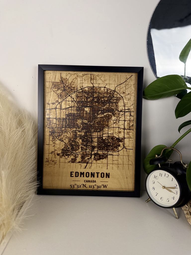 Edmonton City Map – Burned Wood Wall Art