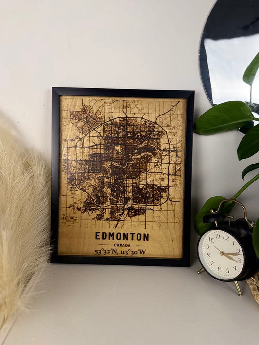 Edmonton City Map – Burned Wood Wall Art