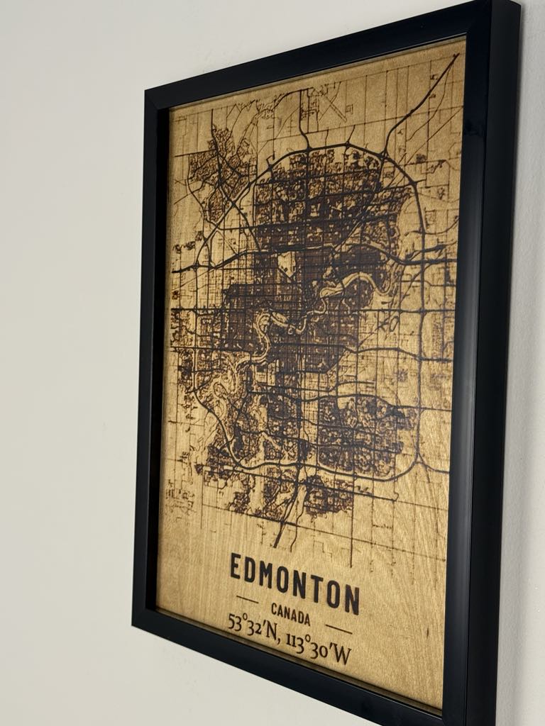 Edmonton City Map – Burned Wood Wall Art