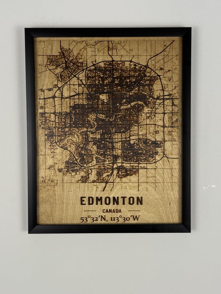 Edmonton City Map – Burned Wood Wall Art