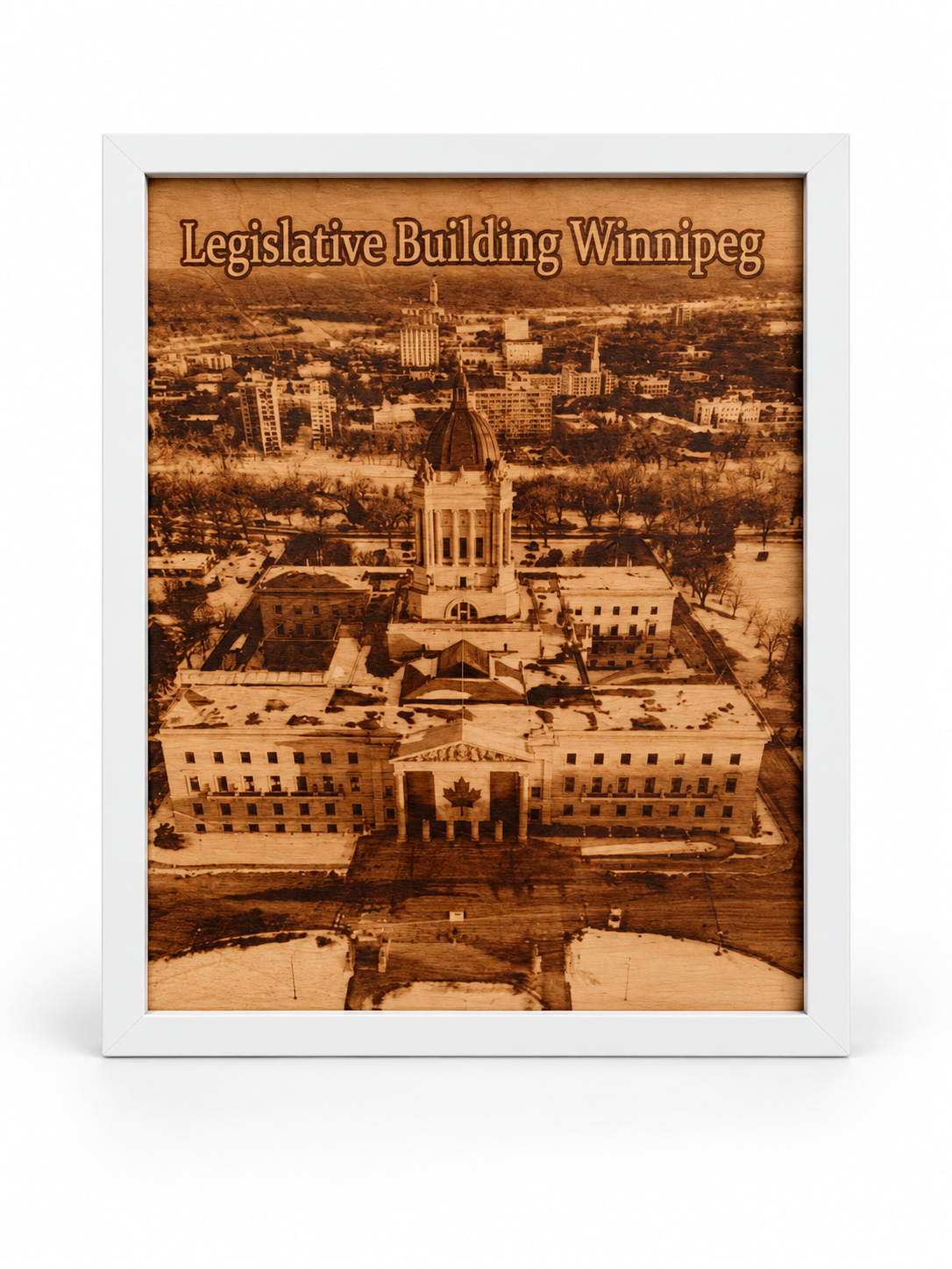 Legislative Building in Winnipeg wood art in a white frame on a white studio background