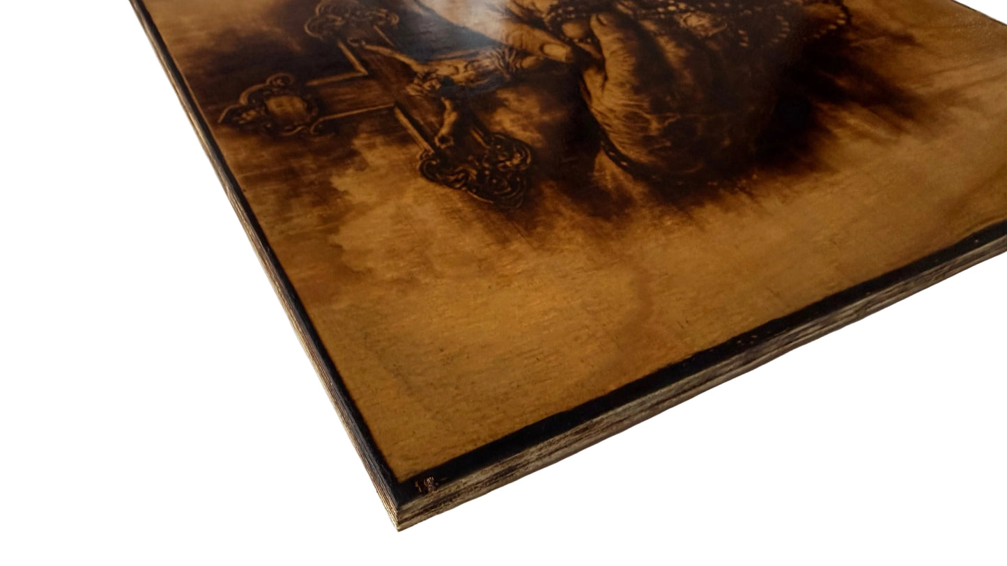 Faith & Prayer Wall Art – Cross & Rosary
 – Wood burning