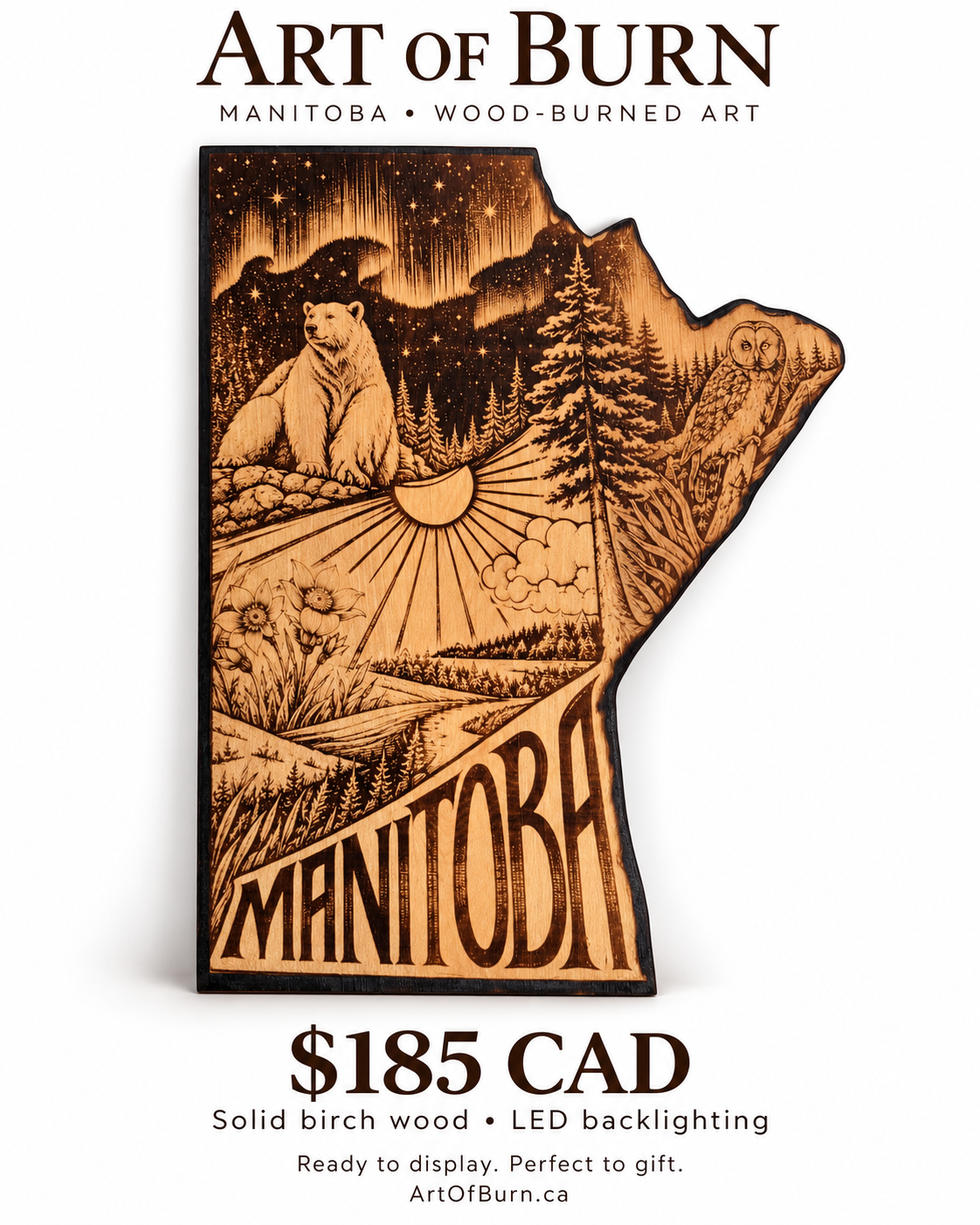 Manitoba Wood-Burned Sign with LED Backlighting