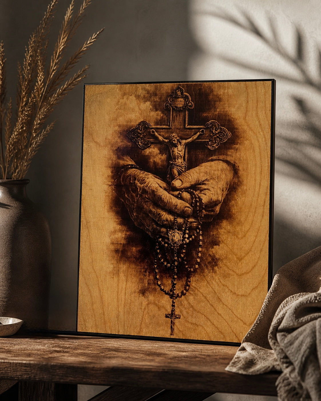 Faith & Prayer Wall Art – Cross & Rosary
 – Wood burning
