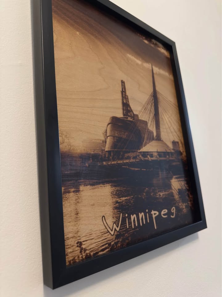 🌉 Winnipeg Skyline – Burned Wood Wall Art