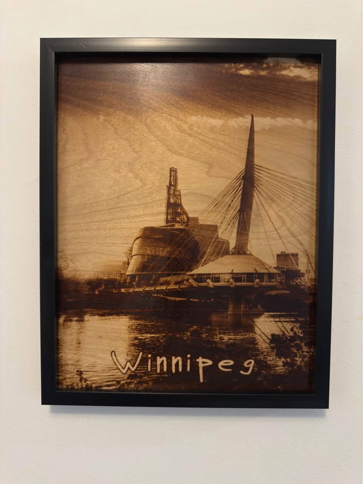 🌉 Winnipeg Skyline – Burned Wood Wall Art