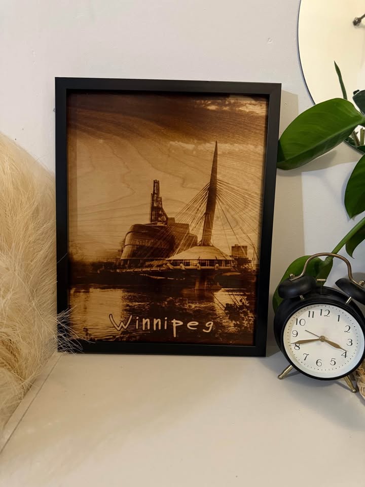 🌉 Winnipeg Skyline – Burned Wood Wall Art