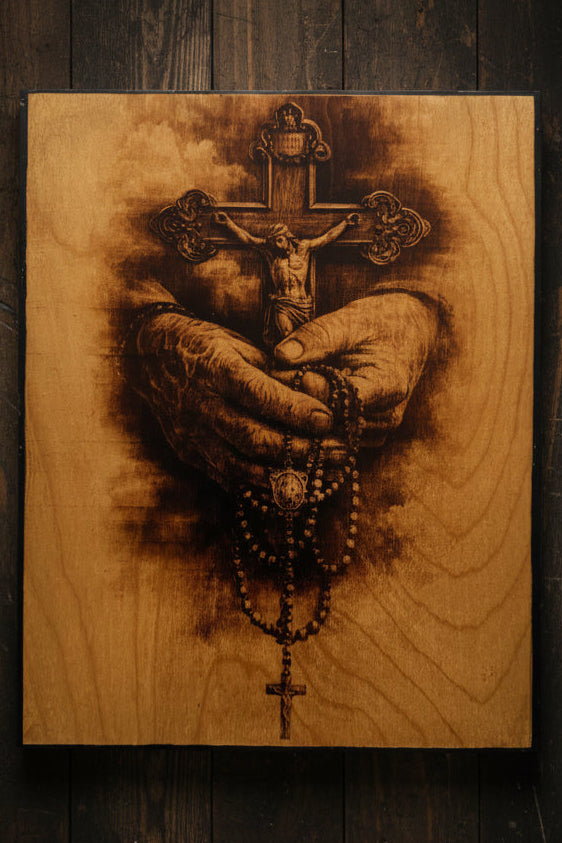 Faith & Prayer Wall Art – Cross & Rosary
 – Wood burning