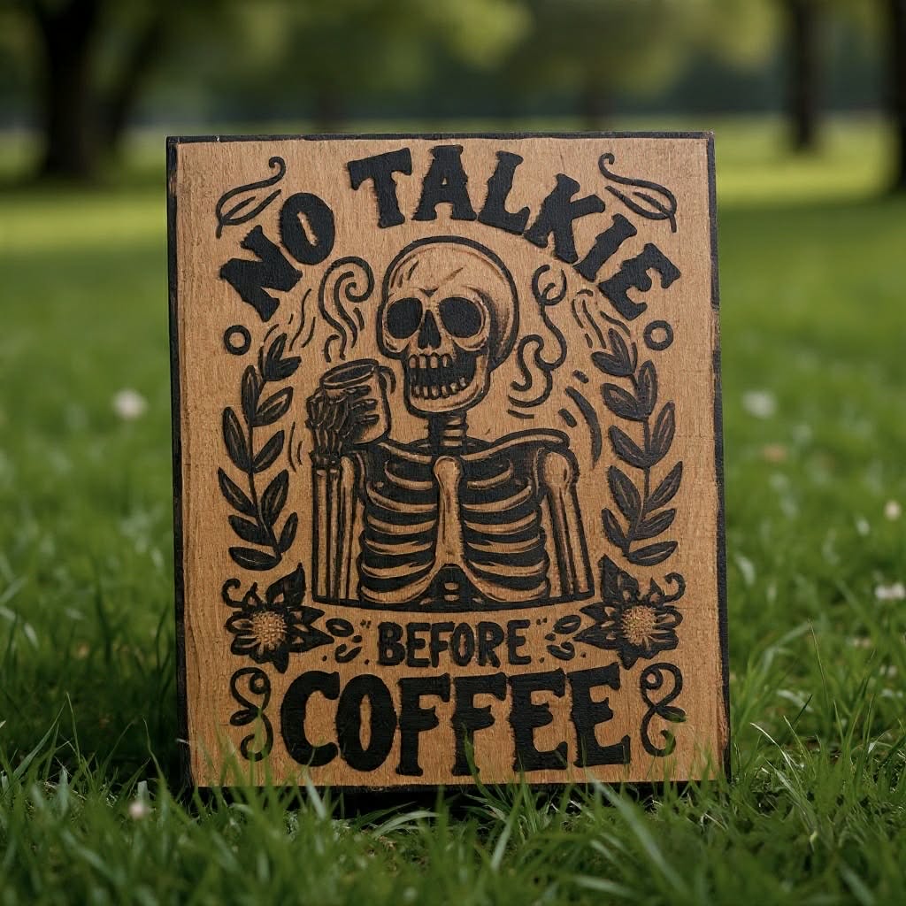 No Talkie Before COFFE Elegant Wood Burning Art