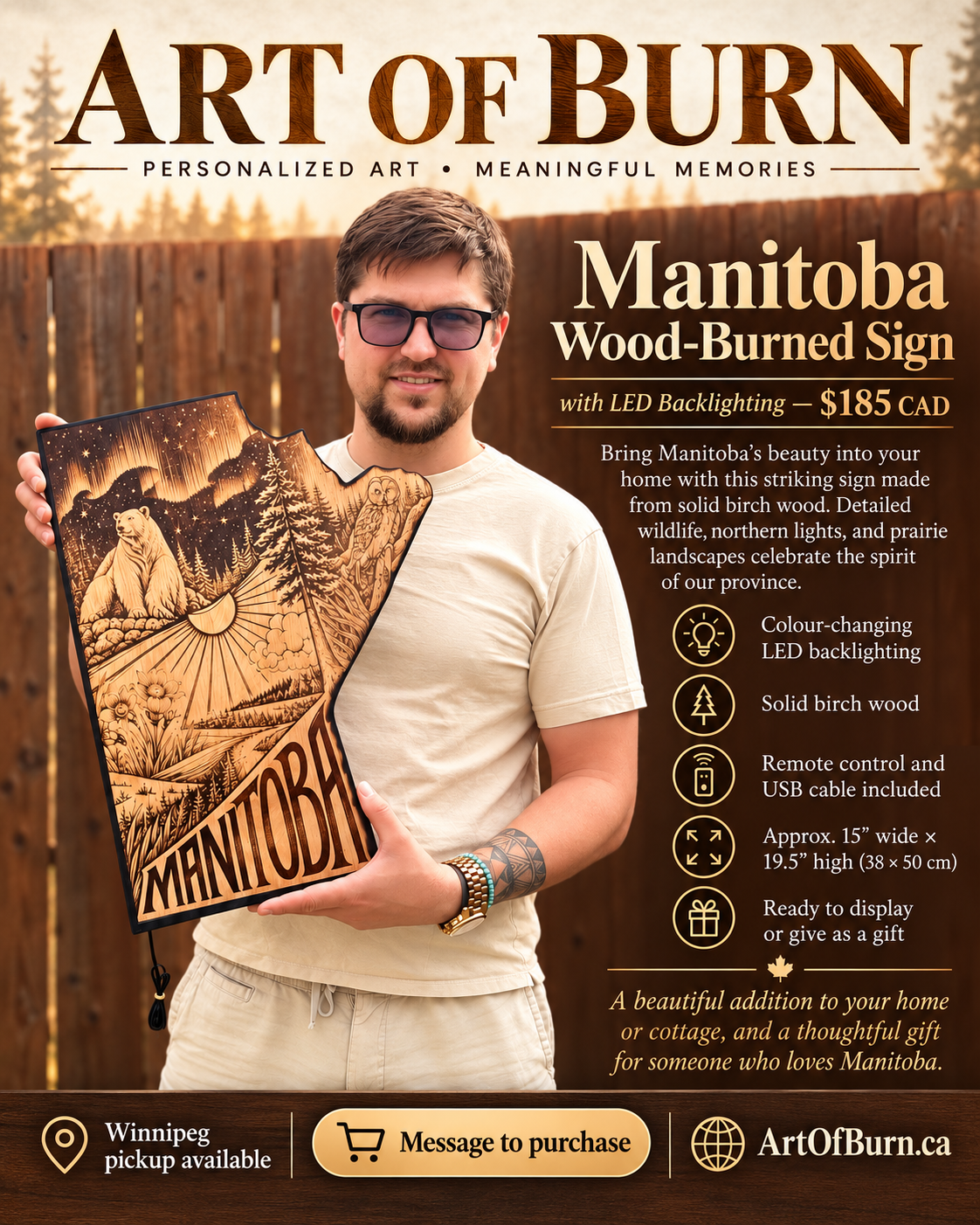 Manitoba Wood-Burned Sign with LED Backlighting