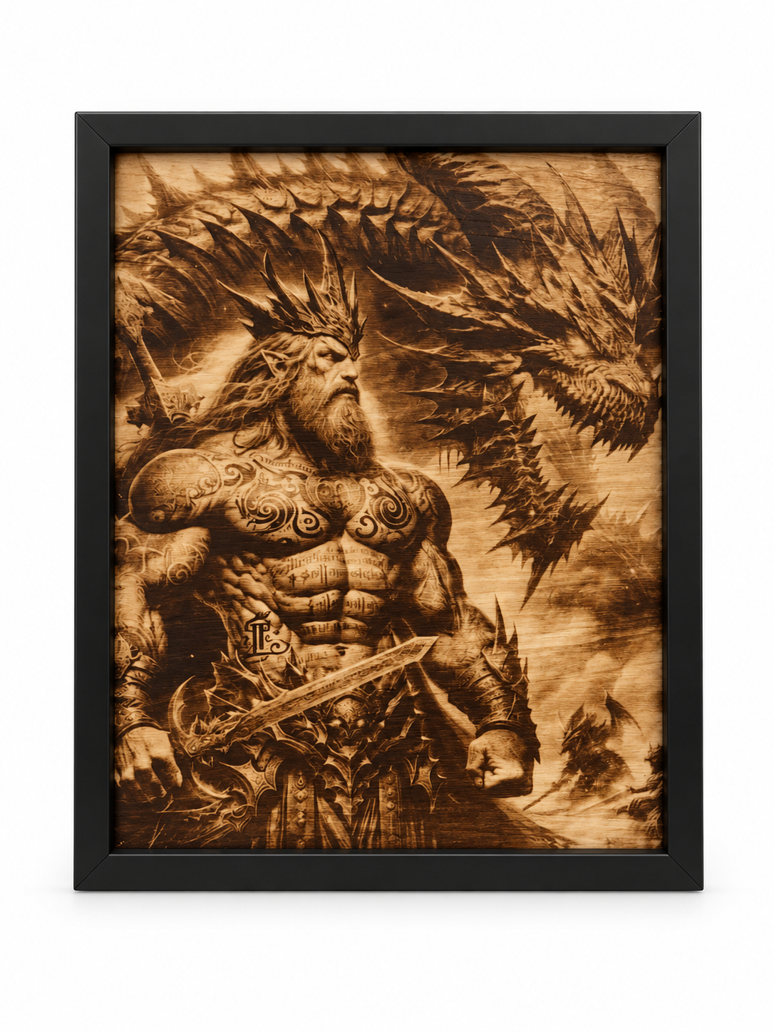 ⚔️ Rise of the Dragon King – Burned Wood Art in a black frame on a white studio background