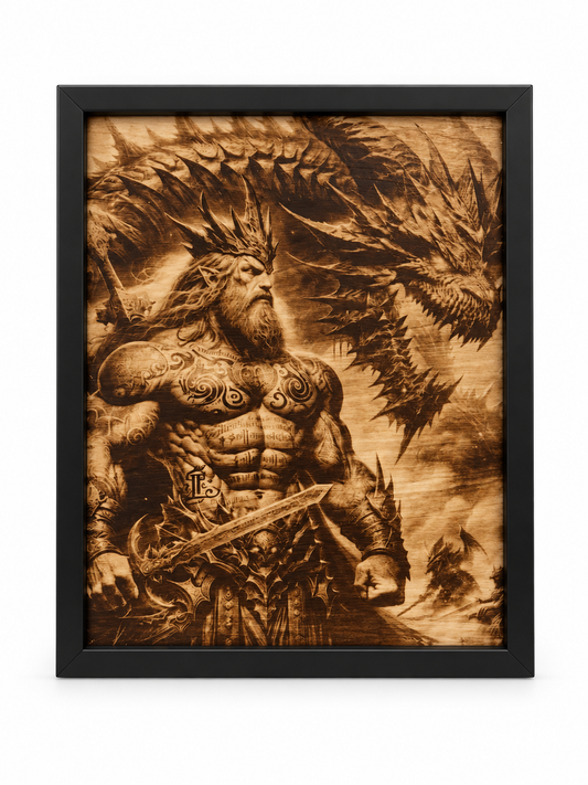 ⚔️ Rise of the Dragon King – Burned Wood Art in a black frame on a white studio background