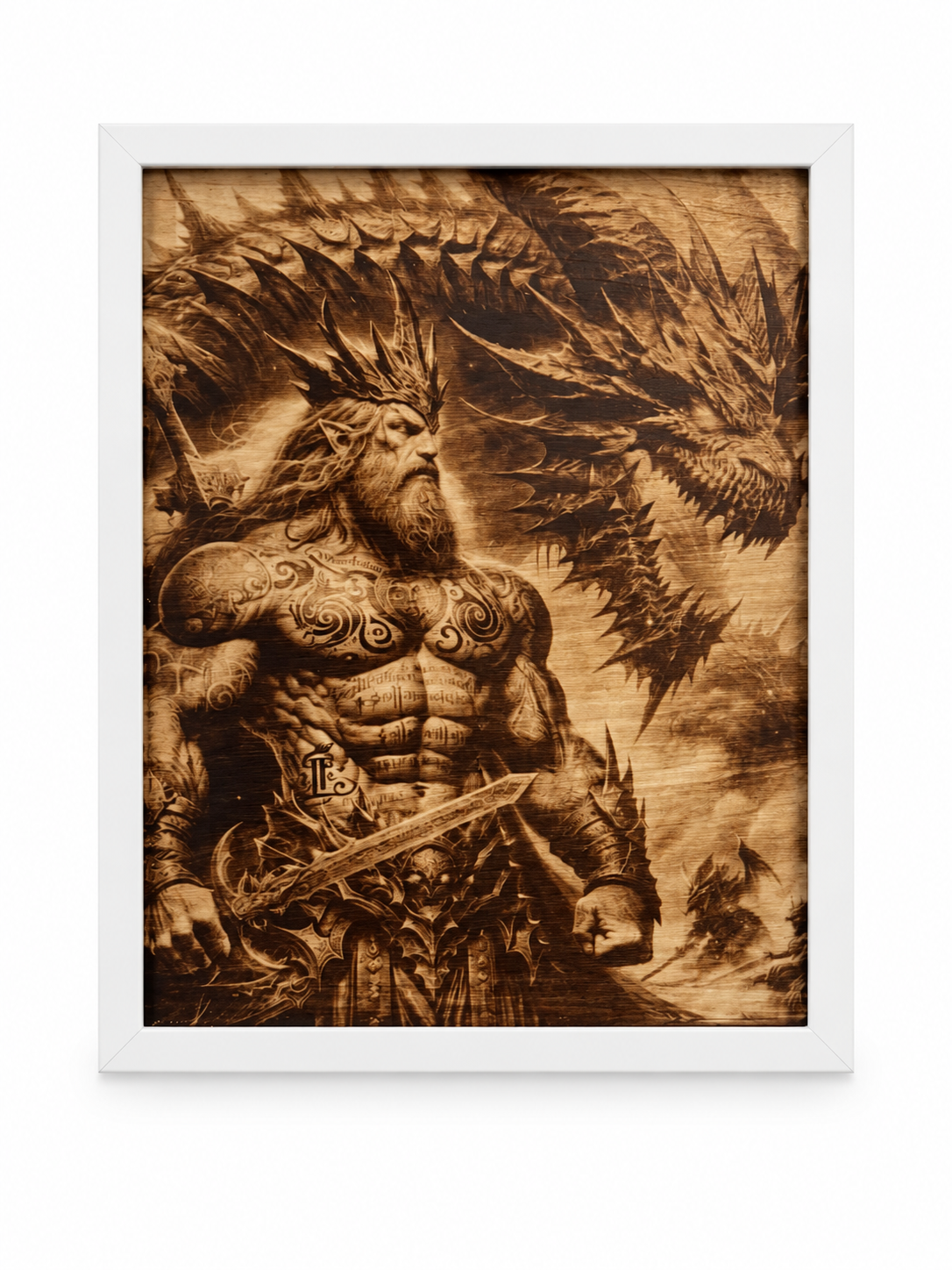 ⚔️ Rise of the Dragon King – Burned Wood Art in a white frame on a white studio background