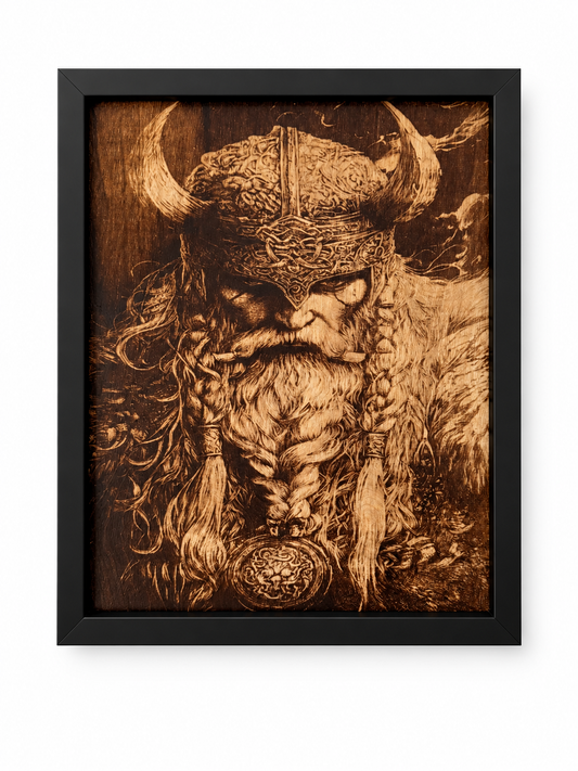 The Viking King – Burned Wood Artwork in a black frame on a white studio background