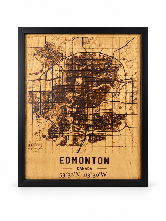Edmonton City Map – Burned Wood Wall Art in a black frame on a white studio background