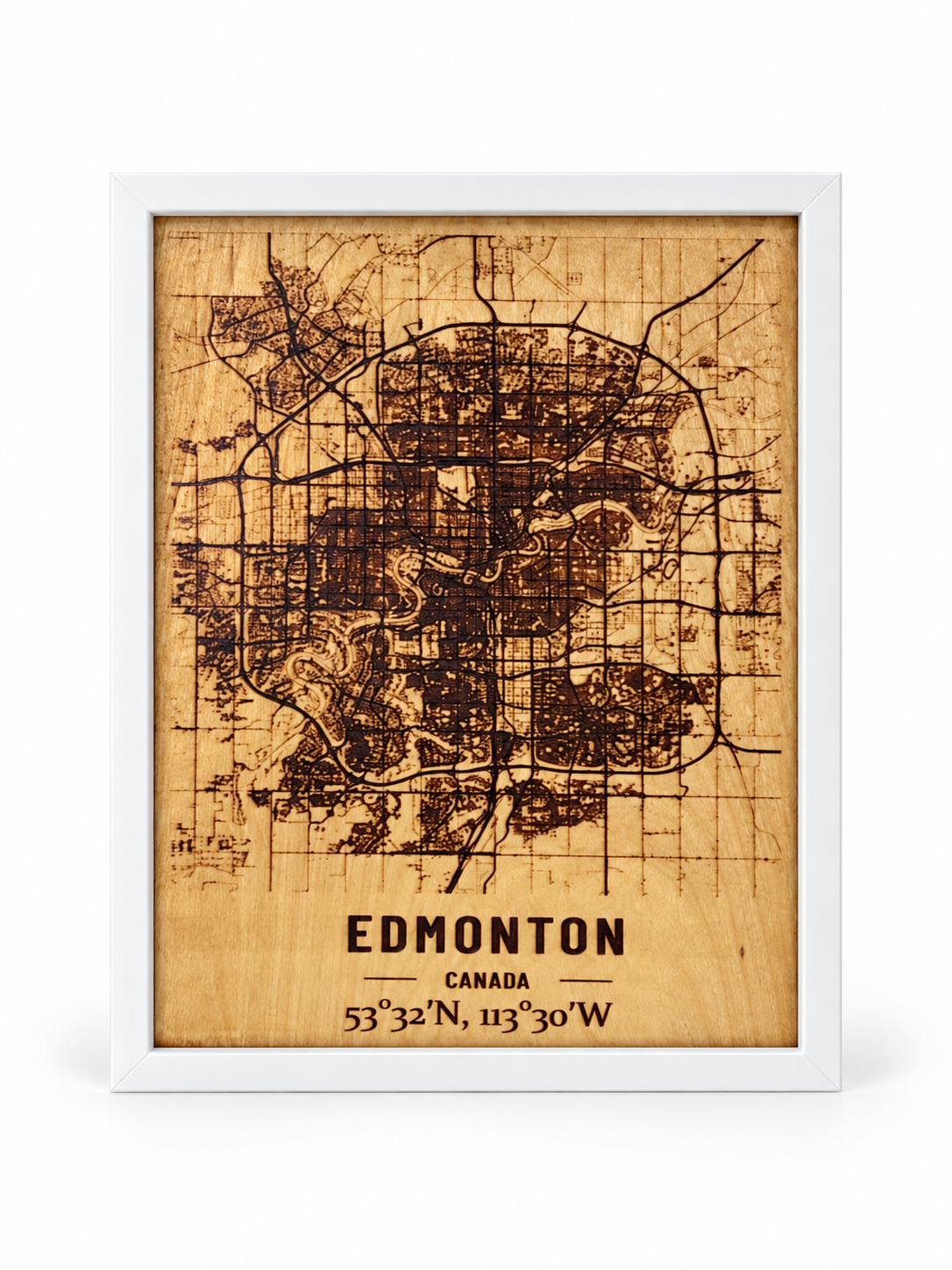 Edmonton City Map – Burned Wood Wall Art in a white frame on a white studio background