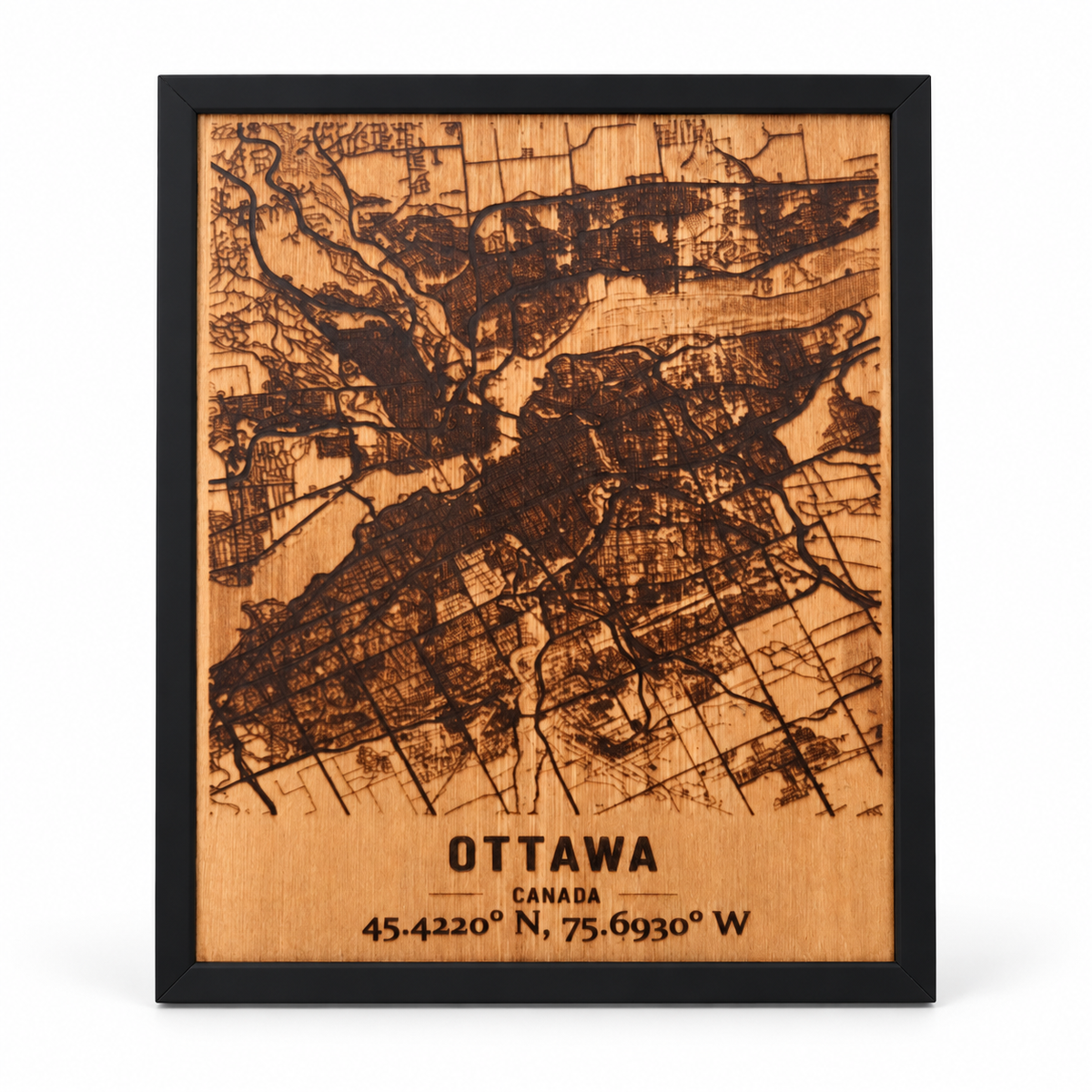 Ottawa City Map – Burned Wood Wall Art in a black frame on a white studio background