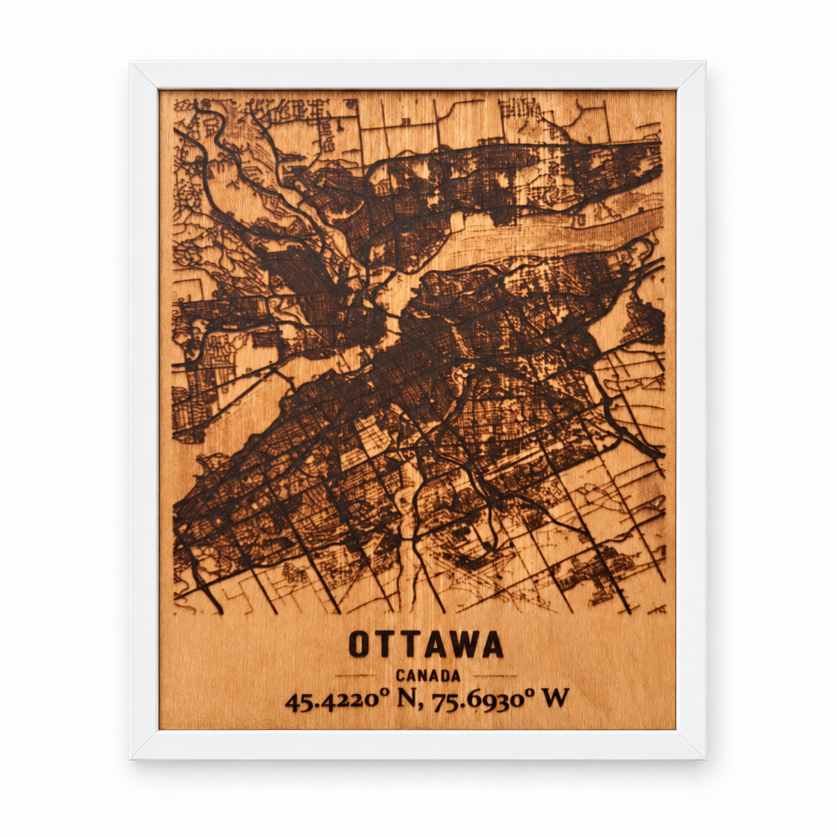 Ottawa City Map – Burned Wood Wall Art in a white frame on a white studio background