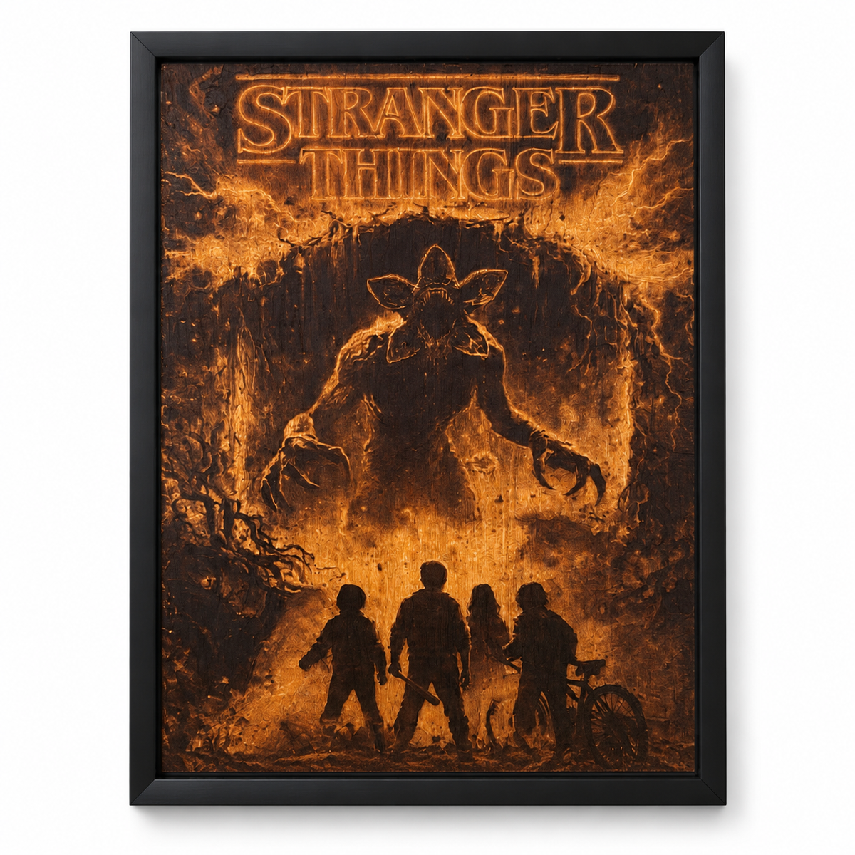 Stranger Things wall art in a black frame on a white studio background