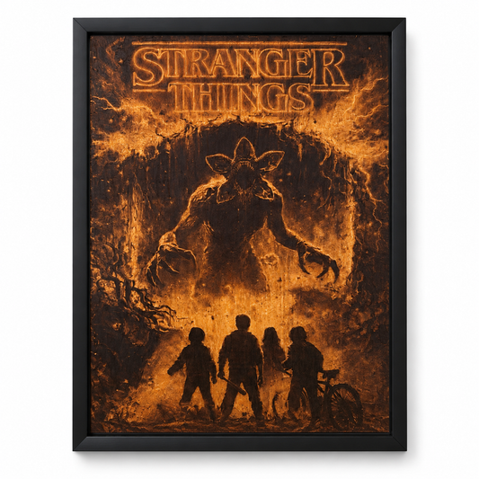 Stranger Things wall art in a black frame on a white studio background