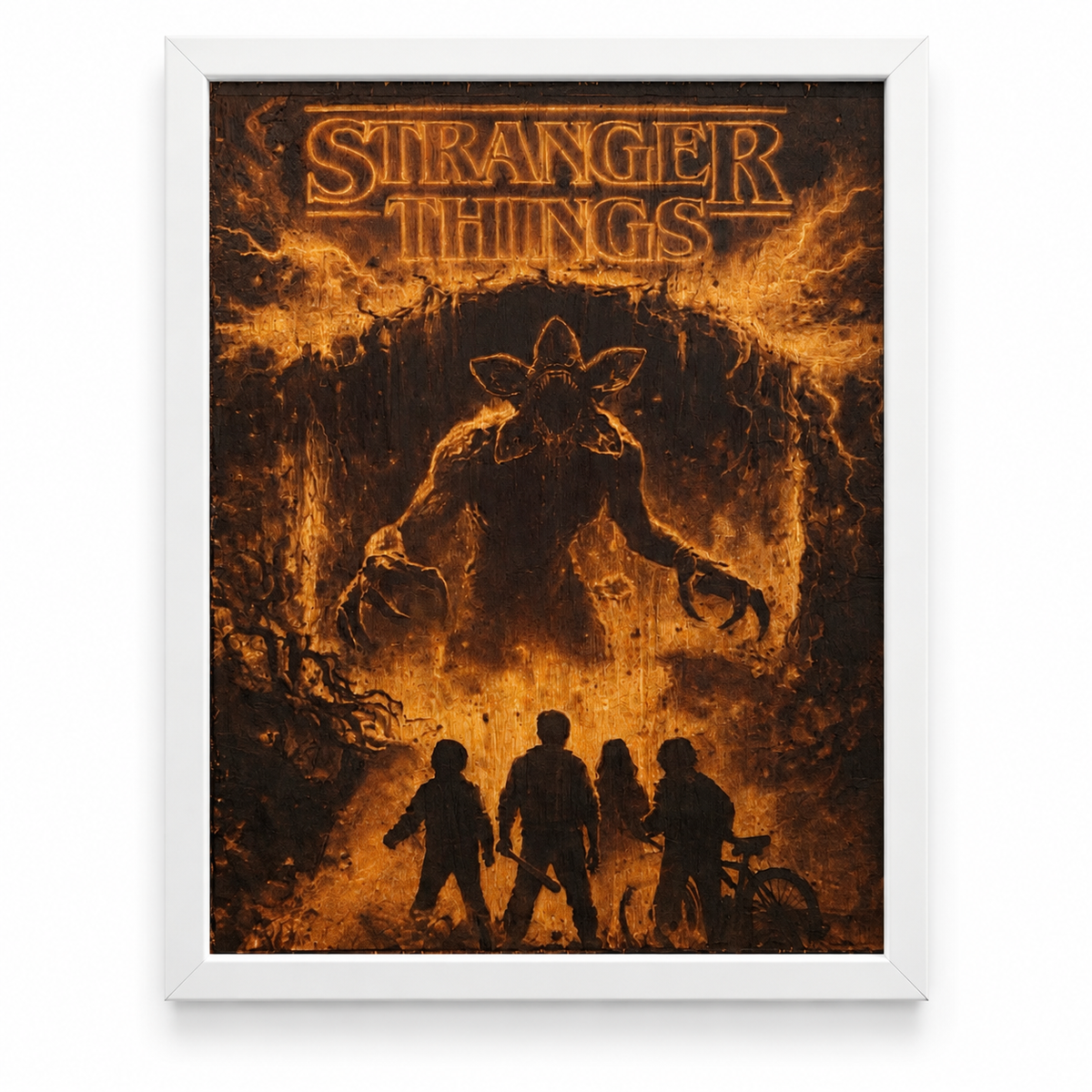 Stranger Things wall art in a white frame on a white studio background