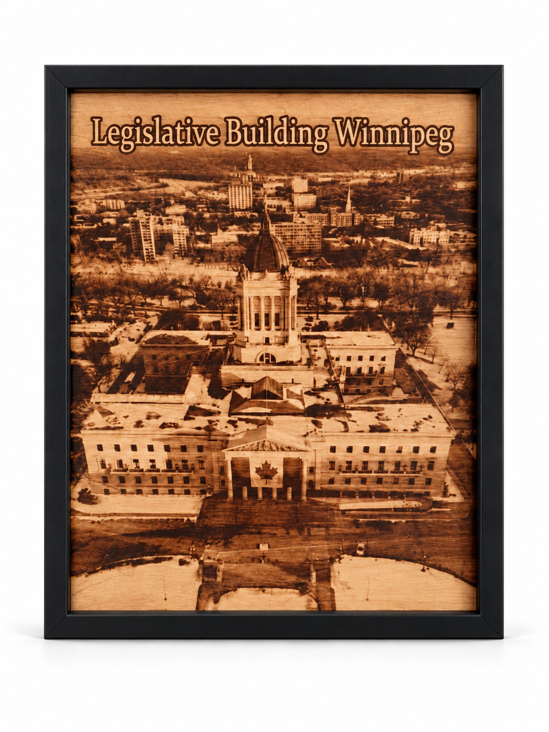 Legislative Building in Winnipeg wood art in a black frame on a white studio background